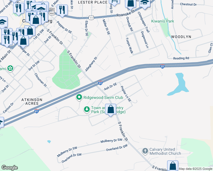 map of restaurants, bars, coffee shops, grocery stores, and more near 120 Ash Drive Southeast in Christiansburg