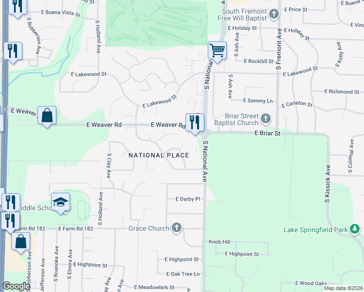 map of restaurants, bars, coffee shops, grocery stores, and more near 5100 South Hampton Avenue in Springfield