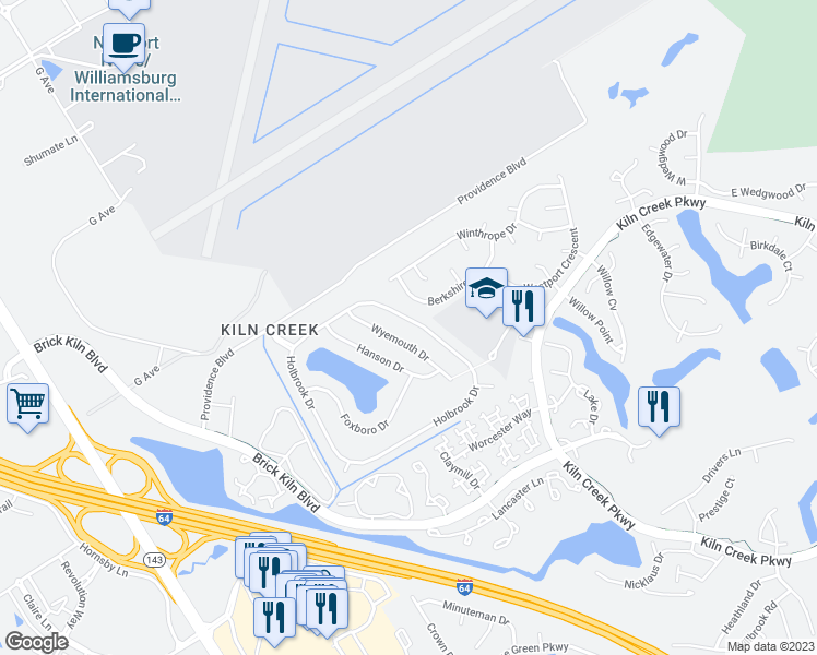 map of restaurants, bars, coffee shops, grocery stores, and more near 935 Holbrook Drive in Newport News