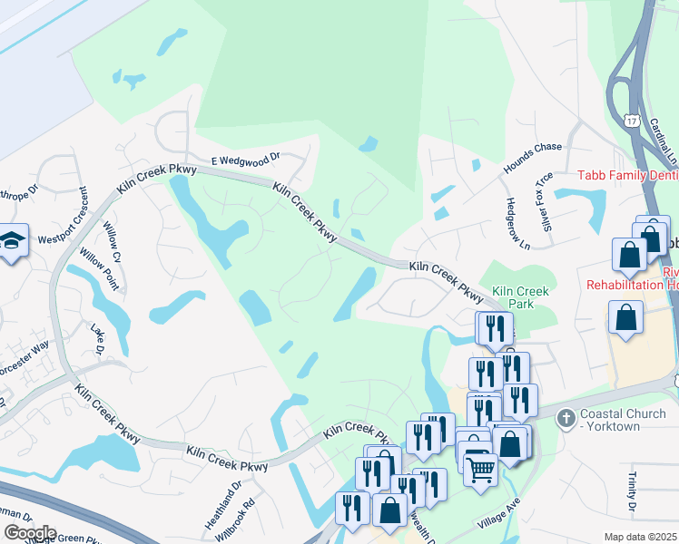 map of restaurants, bars, coffee shops, grocery stores, and more near 203 Clayton Drive in Yorktown