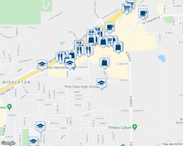 map of restaurants, bars, coffee shops, grocery stores, and more near 790 2720 East Street in St. George