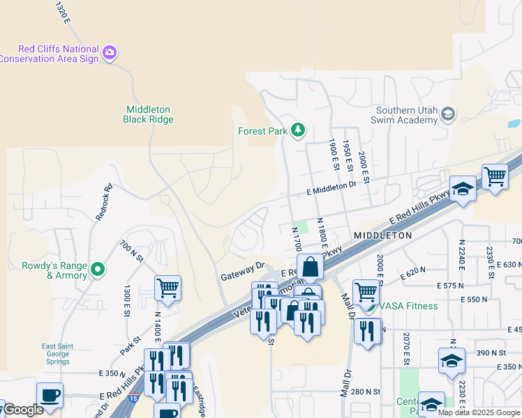 map of restaurants, bars, coffee shops, grocery stores, and more near 840 Twin Lakes Drive in St. George