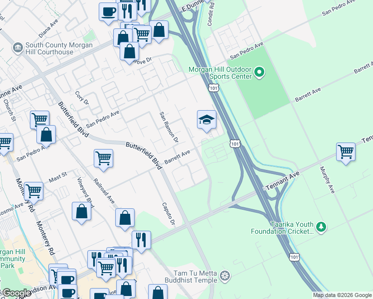 map of restaurants, bars, coffee shops, grocery stores, and more near 755 Barrett Avenue in Morgan Hill