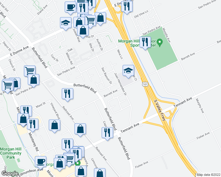 map of restaurants, bars, coffee shops, grocery stores, and more near 16300 San Ramon Drive in Morgan Hill