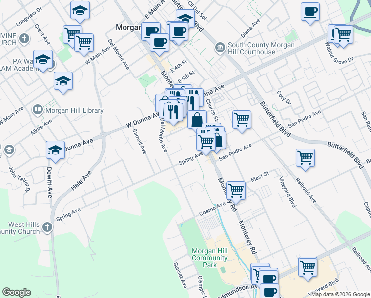 map of restaurants, bars, coffee shops, grocery stores, and more near 130 Manor Court in Morgan Hill