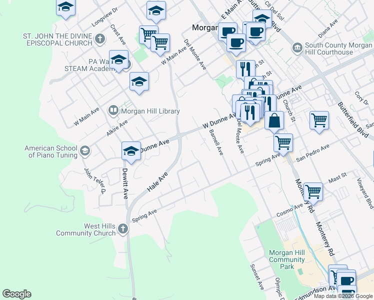 map of restaurants, bars, coffee shops, grocery stores, and more near 16730 Lone Hill Drive in Morgan Hill