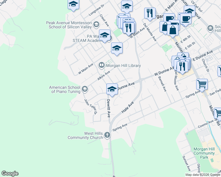 map of restaurants, bars, coffee shops, grocery stores, and more near 17015 Dewitt Avenue in Morgan Hill