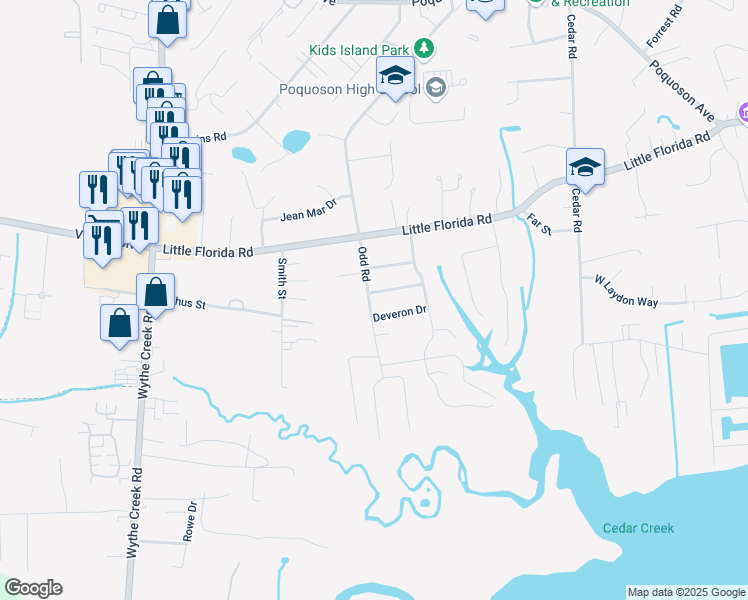 map of restaurants, bars, coffee shops, grocery stores, and more near 2 Glen More Drive in Poquoson