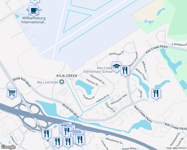 map of restaurants, bars, coffee shops, grocery stores, and more near 813 Wyemouth Drive in Newport News