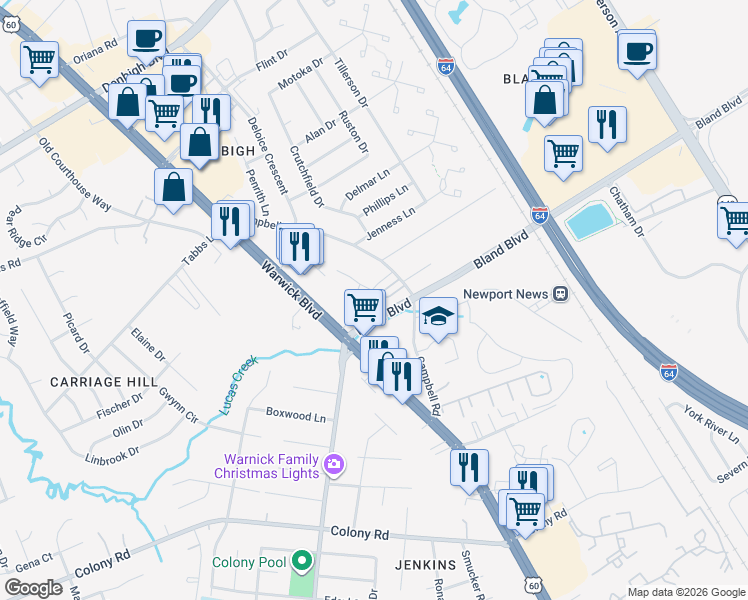 map of restaurants, bars, coffee shops, grocery stores, and more near 3954 Palomino Drive in Newport News