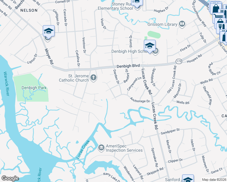 map of restaurants, bars, coffee shops, grocery stores, and more near 772 Childress Drive in Newport News