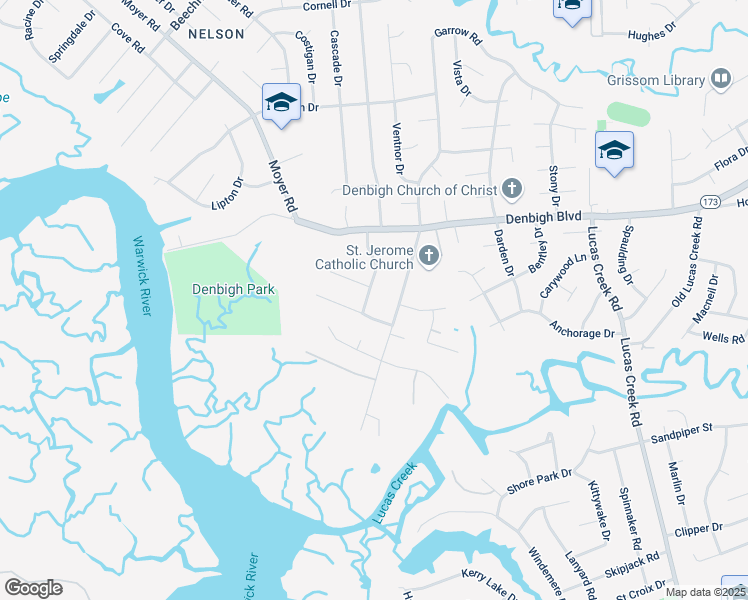 map of restaurants, bars, coffee shops, grocery stores, and more near 93 Deer Run Trail in Newport News