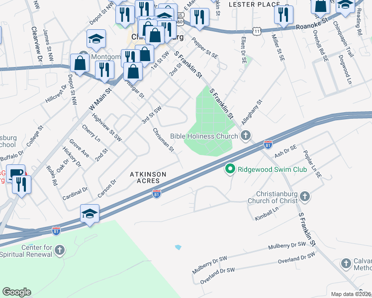 map of restaurants, bars, coffee shops, grocery stores, and more near 335 Hyde Street Southwest in Christiansburg