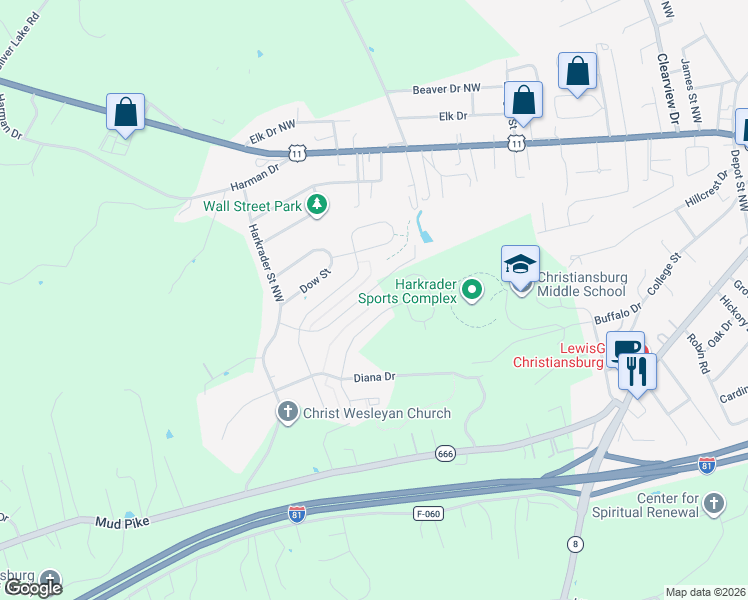 map of restaurants, bars, coffee shops, grocery stores, and more near 145 Aldwych Avenue in Christiansburg