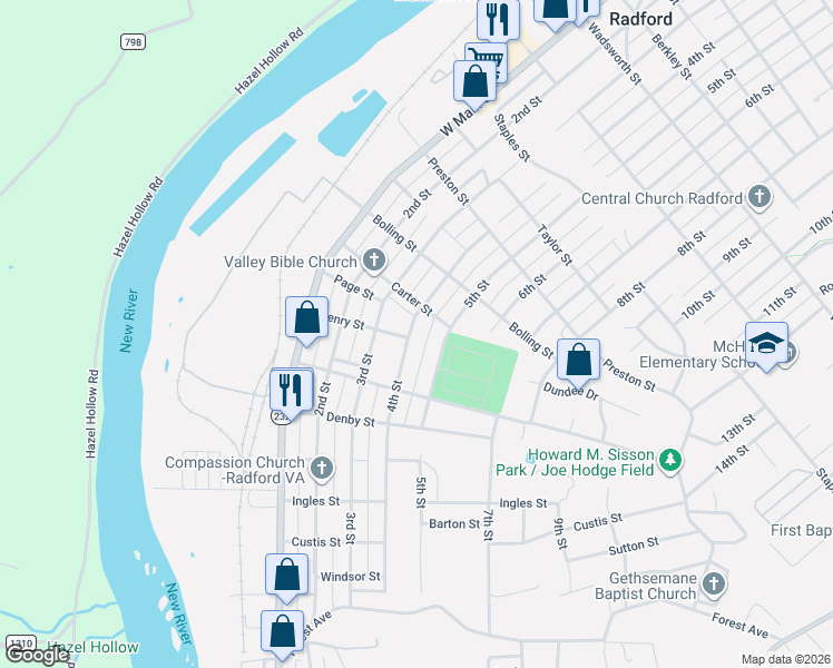 map of restaurants, bars, coffee shops, grocery stores, and more near 1401 5th Street in Radford