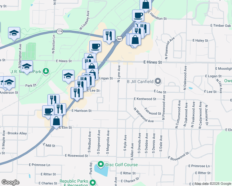map of restaurants, bars, coffee shops, grocery stores, and more near 408 North Lynn Avenue in Republic