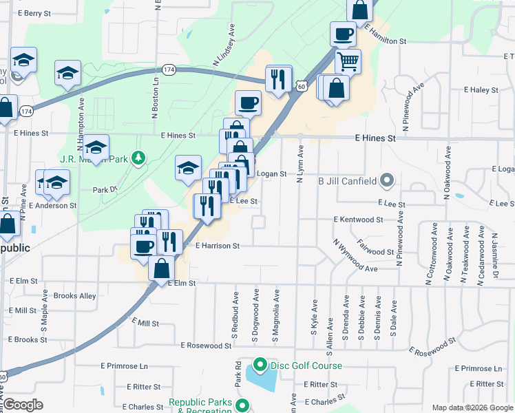 map of restaurants, bars, coffee shops, grocery stores, and more near 403 North George Avenue in Republic