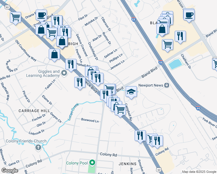 map of restaurants, bars, coffee shops, grocery stores, and more near 3954 Palomino Drive in Newport News