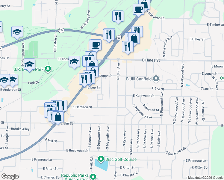 map of restaurants, bars, coffee shops, grocery stores, and more near 299 North Alexander Avenue in Republic