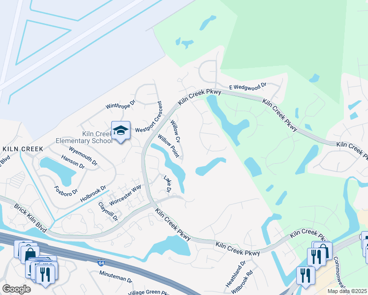 map of restaurants, bars, coffee shops, grocery stores, and more near 1606 Willow Cove in Newport News