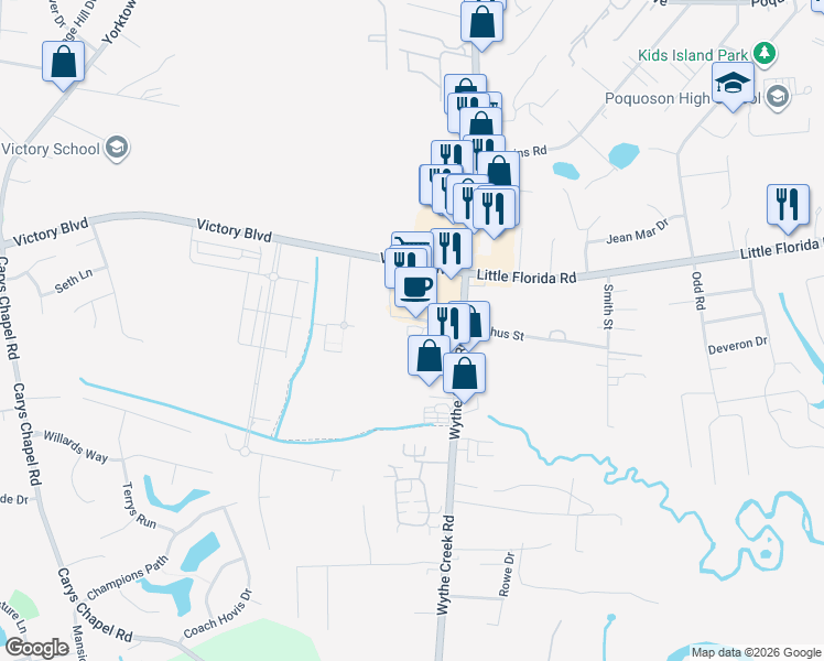 map of restaurants, bars, coffee shops, grocery stores, and more near 200 Fountains Lane in Poquoson