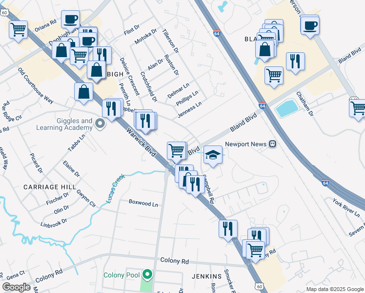 map of restaurants, bars, coffee shops, grocery stores, and more near Appaloosa Court in Hampton