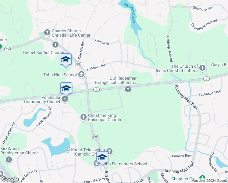 map of restaurants, bars, coffee shops, grocery stores, and more near 100 Stellar Circle in Yorktown