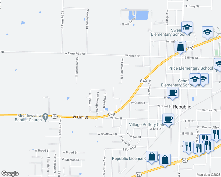 map of restaurants, bars, coffee shops, grocery stores, and more near 235 North Cedar Avenue in Republic