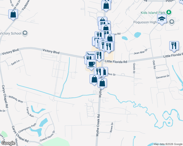 map of restaurants, bars, coffee shops, grocery stores, and more near 200 Fountains Lane in Poquoson