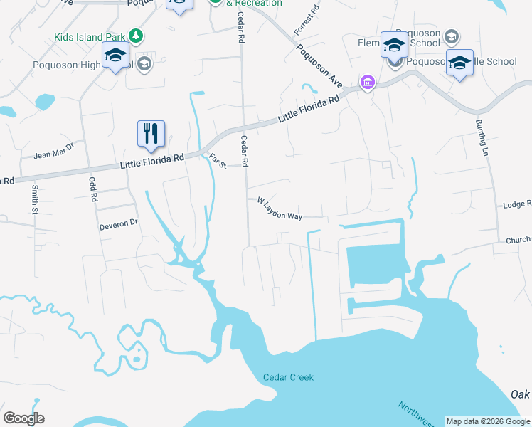 map of restaurants, bars, coffee shops, grocery stores, and more near 145 West Laydon Way in Poquoson