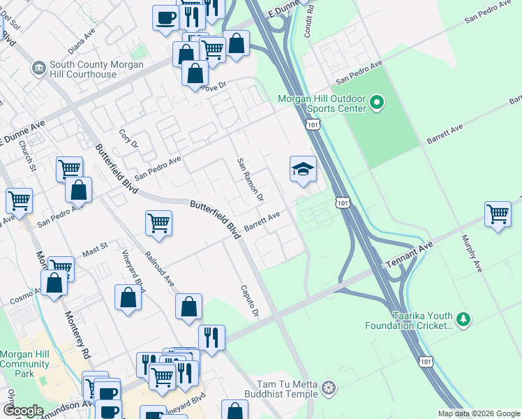 map of restaurants, bars, coffee shops, grocery stores, and more near 16300 San Ramon Drive in Morgan Hill