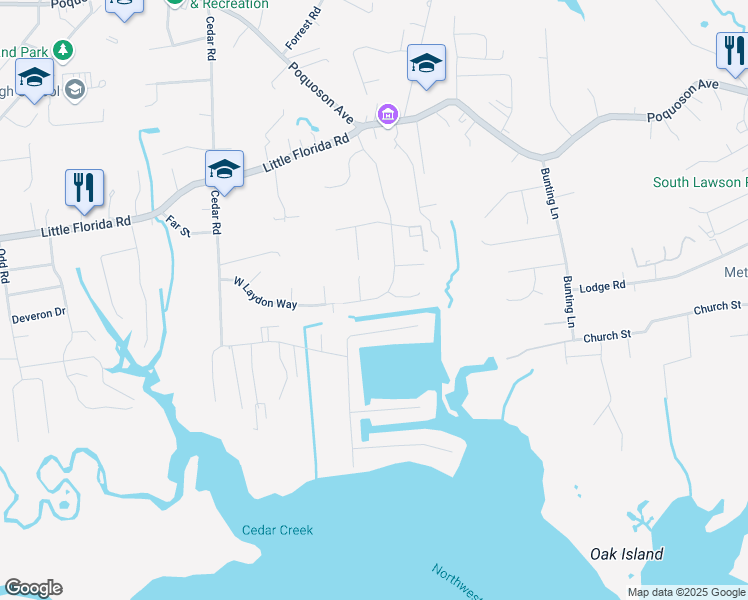 map of restaurants, bars, coffee shops, grocery stores, and more near 117 Laydon Way in Poquoson