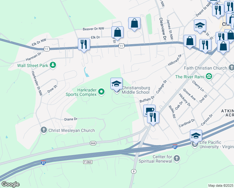 map of restaurants, bars, coffee shops, grocery stores, and more near 1205 Buffalo Drive in Christiansburg