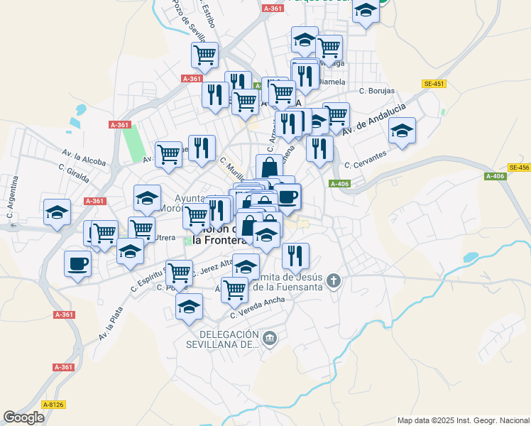 map of restaurants, bars, coffee shops, grocery stores, and more near 9 Calle Nueva in Morón de la Frontera