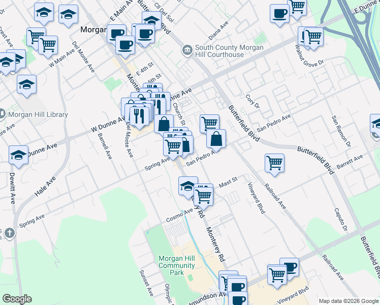 map of restaurants, bars, coffee shops, grocery stores, and more near 16731 Rohan Lane in Morgan Hill