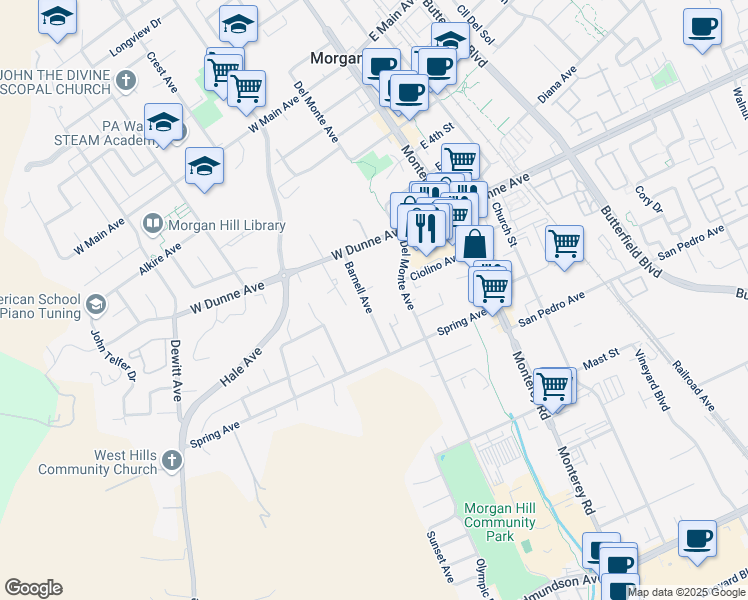 map of restaurants, bars, coffee shops, grocery stores, and more near 16931 Del Monte Avenue in Morgan Hill