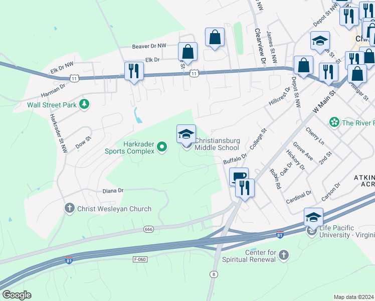 map of restaurants, bars, coffee shops, grocery stores, and more near 1205 Buffalo Drive in Christiansburg