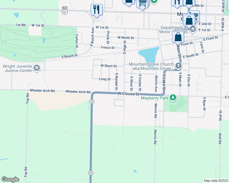 map of restaurants, bars, coffee shops, grocery stores, and more near 908 West Clouse Street in Mountain Grove