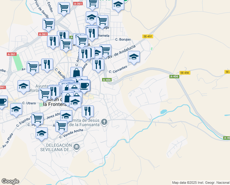 map of restaurants, bars, coffee shops, grocery stores, and more near 18 Calle Hundidero in Morón de la Frontera