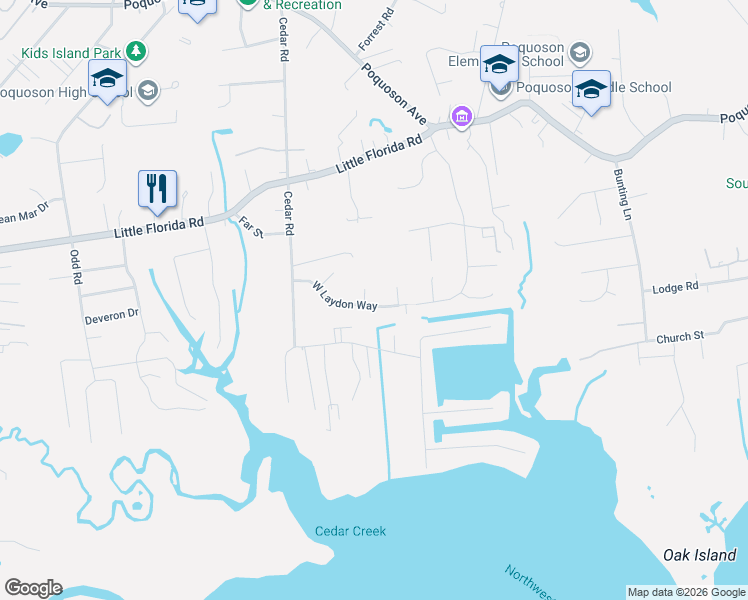 map of restaurants, bars, coffee shops, grocery stores, and more near 131 Laydon Way in Poquoson