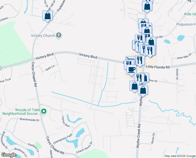 map of restaurants, bars, coffee shops, grocery stores, and more near 110 Legacy Boulevard in Poquoson