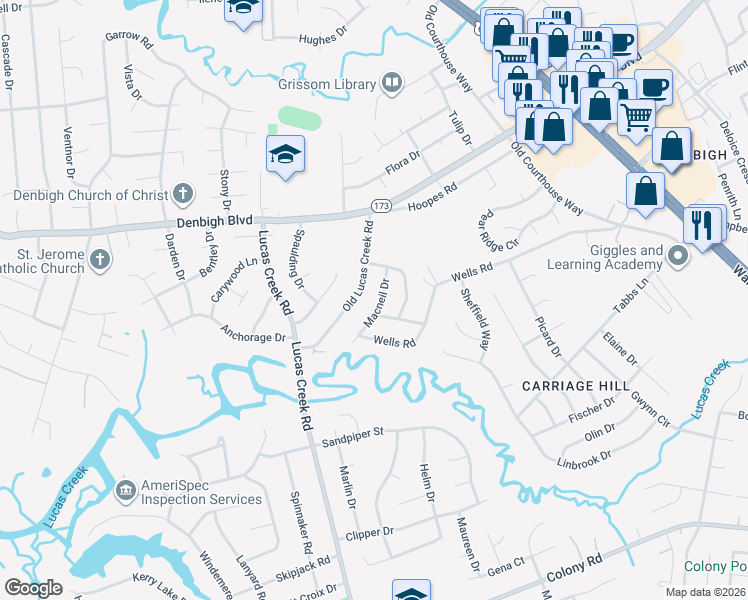 map of restaurants, bars, coffee shops, grocery stores, and more near 712 Macneil Drive in Newport News