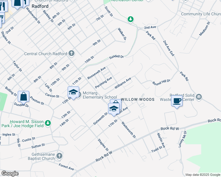 map of restaurants, bars, coffee shops, grocery stores, and more near 208 Arnold Avenue in Radford