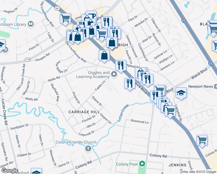 map of restaurants, bars, coffee shops, grocery stores, and more near 330 Tabbs Lane in Newport News