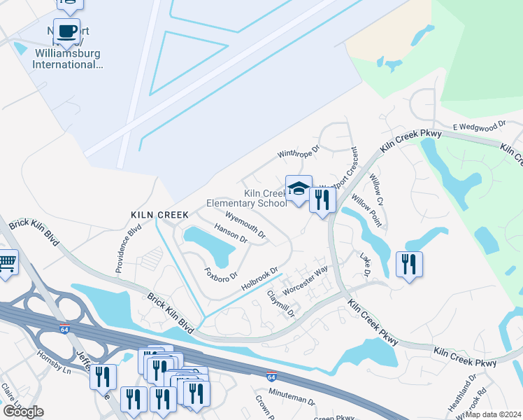 map of restaurants, bars, coffee shops, grocery stores, and more near 930 Holbrook Drive in Newport News