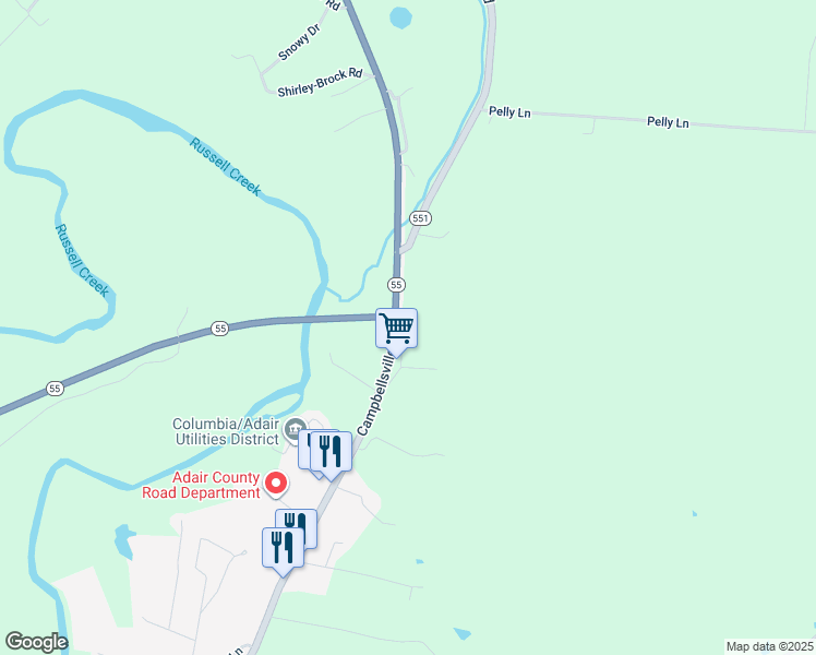 map of restaurants, bars, coffee shops, grocery stores, and more near Kentucky 55 Bypass in Columbia