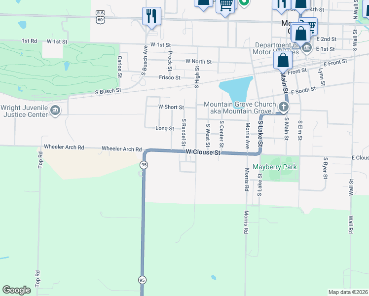 map of restaurants, bars, coffee shops, grocery stores, and more near 908 West Clouse Street in Mountain Grove