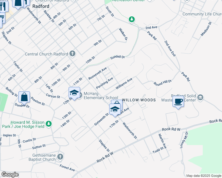 map of restaurants, bars, coffee shops, grocery stores, and more near 208 Arnold Avenue in Radford