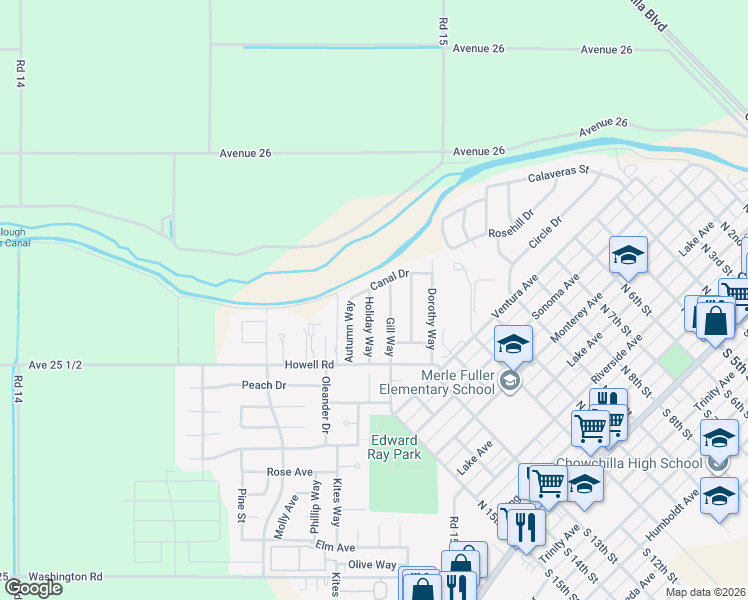 map of restaurants, bars, coffee shops, grocery stores, and more near 137 Holiday Way in Chowchilla
