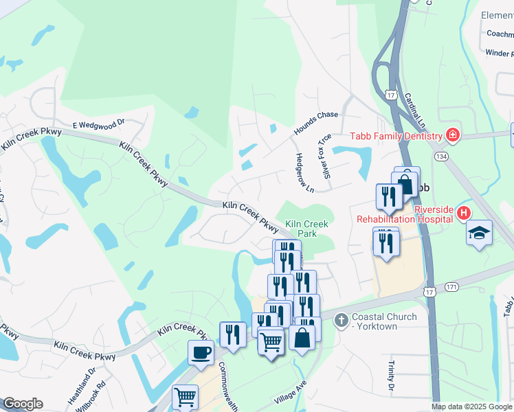 map of restaurants, bars, coffee shops, grocery stores, and more near 111 Jenkins Court in Yorktown